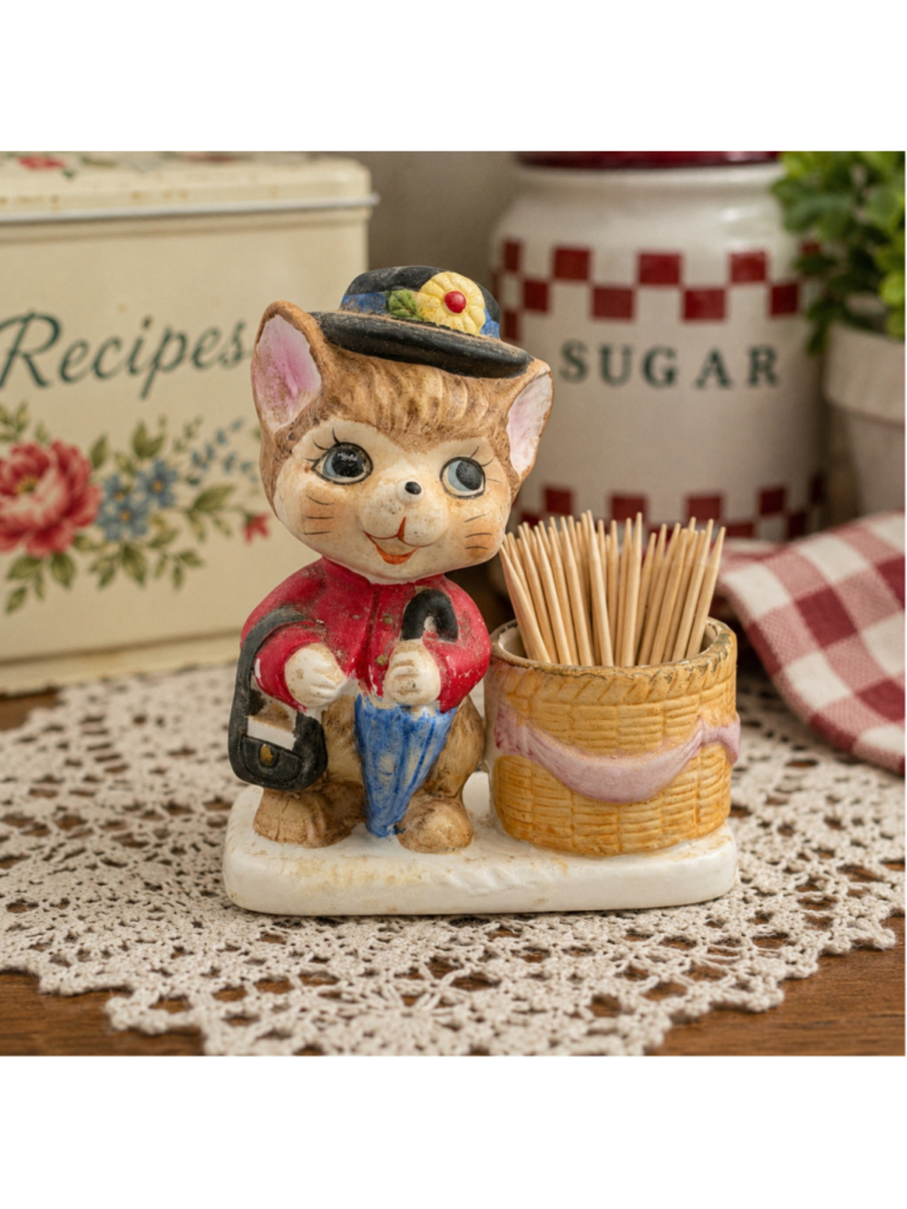 Vintage Jasco Lukin Critters Cat Figurine Decor One Size Red Beige